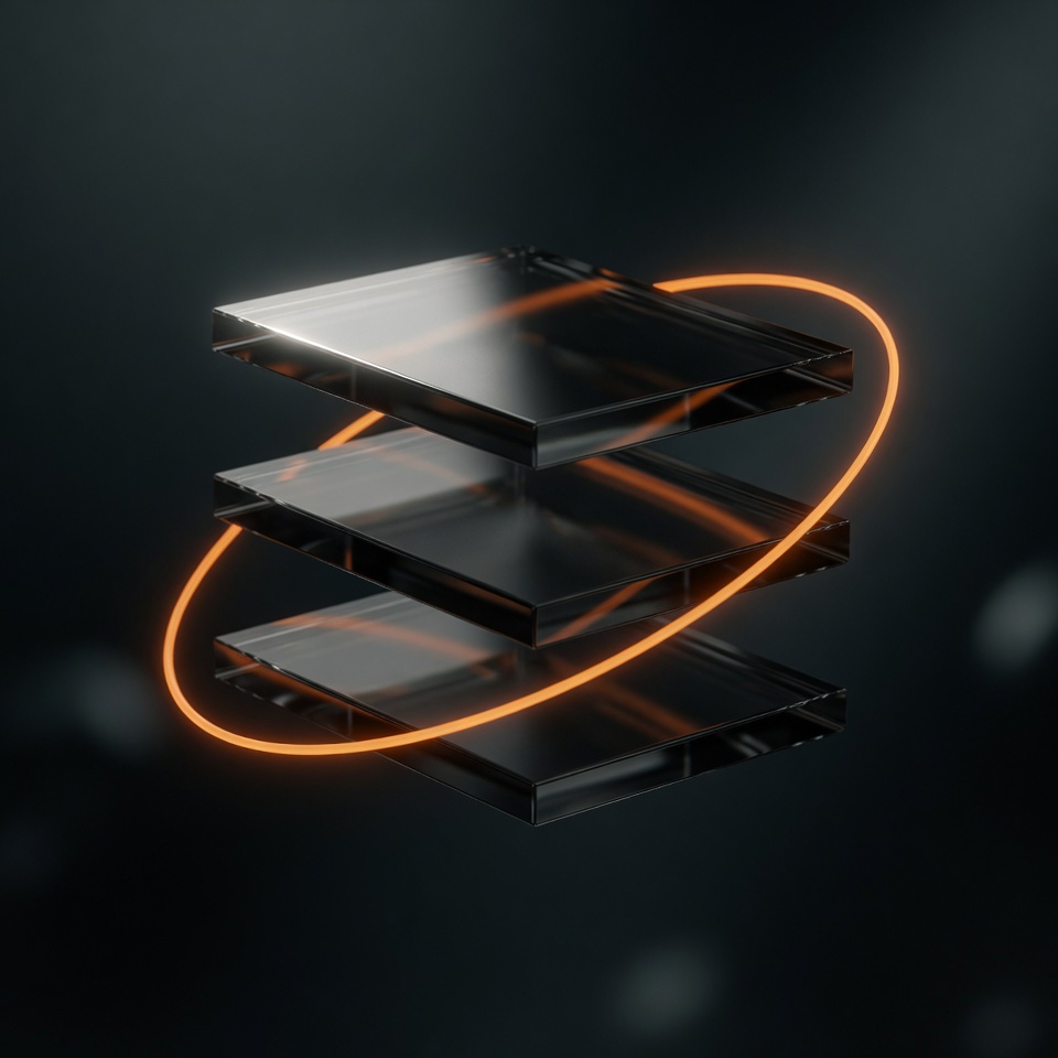 Stacked glass slabs circled by an unbroken ring of light — software built in layers that keeps running and earning every month, rather than delivered once and forgotten.