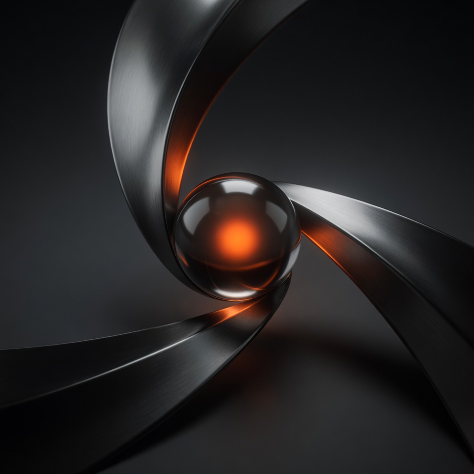 Three converging metal ribbons with a single glowing sphere at the junction — the judgement that picks one path when the other two fall into shadow.
